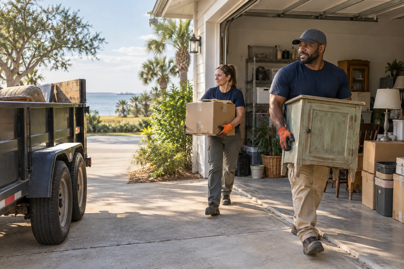 Two-person hauling crew carrying boxes and a cabinet from a residential garage